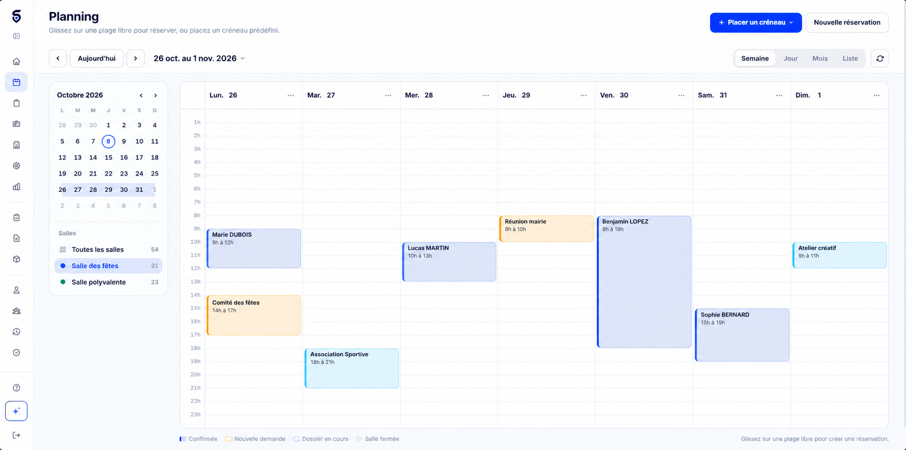 Planning de toutes les salles de la commune, avec les réservations de la semaine